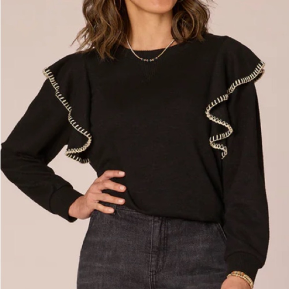 Democracy Long Banded Sleeve Scoop Neck V-Placket Embroidered Ruffle Knit Top S